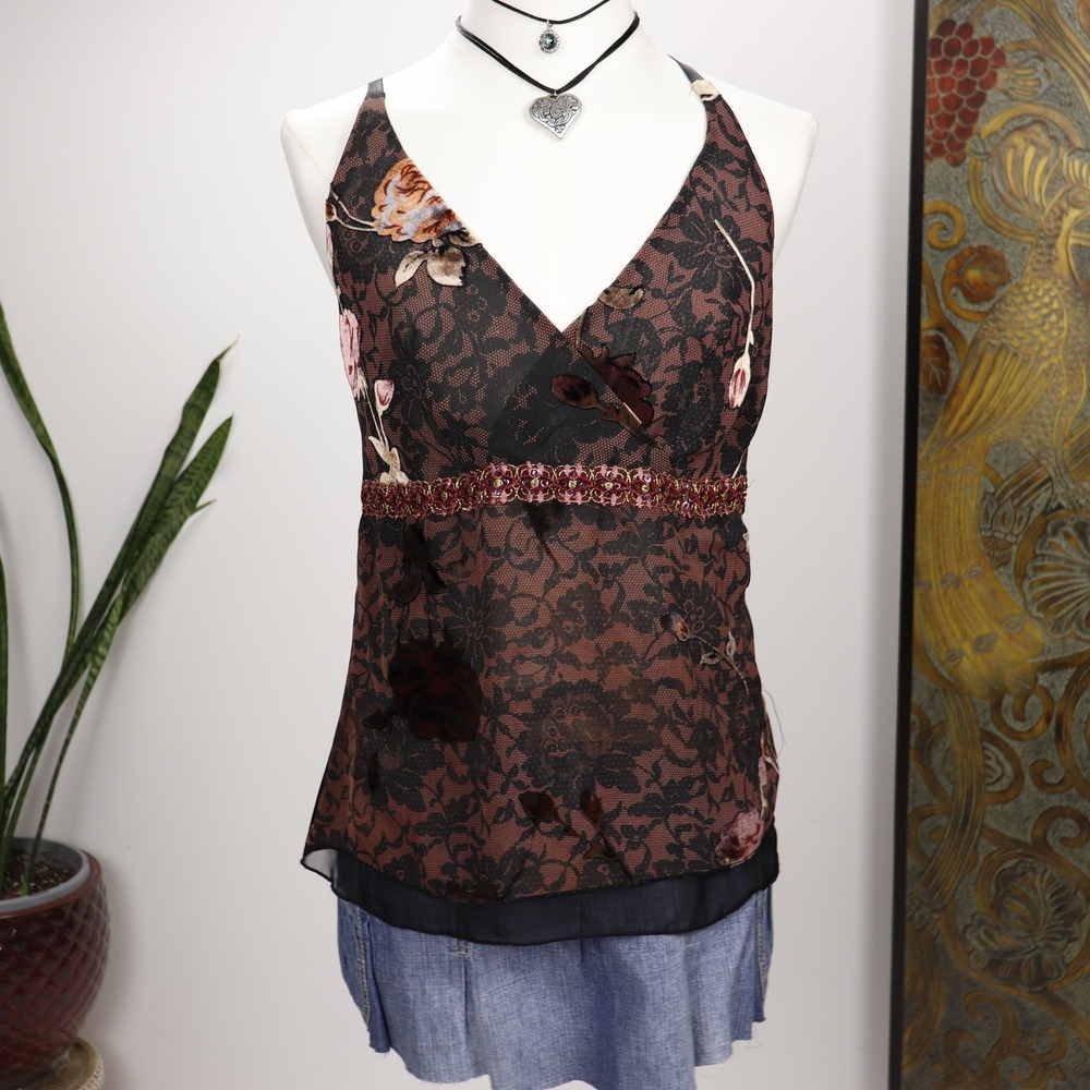 Y2K Brown Lace Halter Cami Top Floral Beaded Empire Bisou‎ Bisou